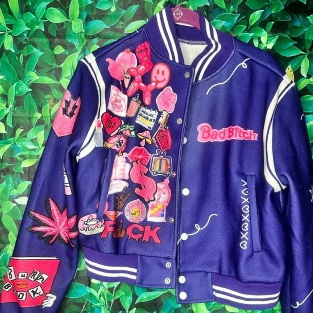 Purple Varsity Jacket with Colorful Patches